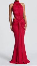 Anais red ruched mermaid maxi dress, close-up of waist cut-out