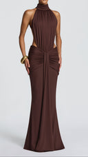 Anais plum brown ruched jersey mermaid maxi dress with high neck and open back