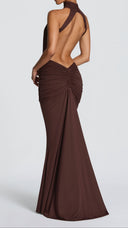 Anais plum brown ruched mermaid maxi dress, back view showing deep open back