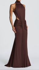 Anais plum brown ruched mermaid maxi dress, side view with waist cut-out detail