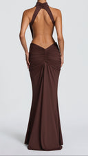 Anais plum brown ruched mermaid maxi dress, close-up of gathered high collar