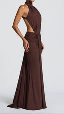 Anais plum brown ruched mermaid maxi dress, full-length front view