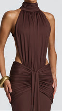 Anais plum brown ruched mermaid maxi dress, close-up of waist cut-out