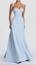 Aurélie glacier blue maxi dress, godet panels at the hip