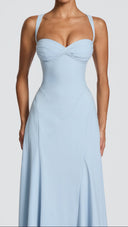 Aurélie glacier blue maxi dress, fitted bodice with flared maxi skirt