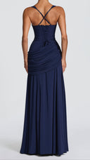 Colette navy twist cowl maxi dress, back view with cross-over straps and lace-up back