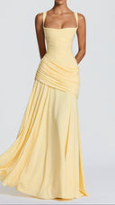 Colette lemon yellow twist cowl neck maxi dress with pleated chiffon bodice