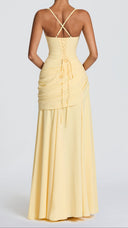 Colette lemon yellow twist cowl maxi dress, back view with cross-over straps and lace-up back