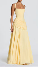 Colette lemon yellow twist cowl maxi dress, side view showing draped hip panel