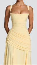 Colette lemon yellow twist cowl maxi dress, close-up of twist cowl neckline