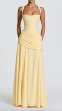 Colette lemon yellow twist cowl maxi dress, full-length front view