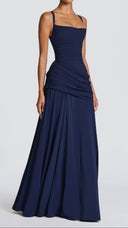 Colette navy twist cowl maxi dress, side view showing draped hip panel