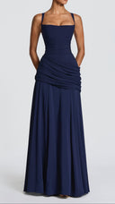 Colette navy twist cowl maxi dress, close-up of twist cowl neckline