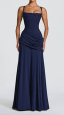Colette navy twist cowl maxi dress showing full godet skirt