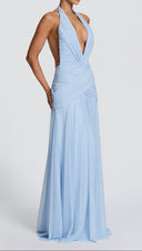 Delphine glacier blue maxi dress, halter neck tie detail