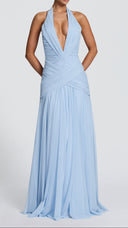 Delphine glacier blue maxi dress, crossover gathered hip panels