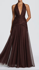 Delphine plum brown maxi dress with deep plunge neckline