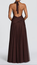 Delphine plum brown maxi dress, halter neck tie detail