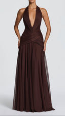 Delphine plum brown maxi dress, godet skirt with fluid movement