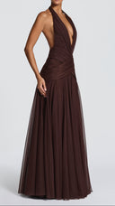 Delphine plum brown maxi dress, directional gathering through bodice