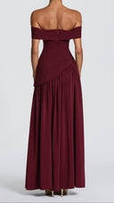 Ginevra cherry red bardot maxi dress, side view showing full chiffon skirt