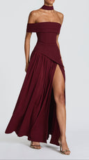 Ginevra cherry red bardot maxi dress, close-up of pleated bardot neckline