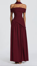 Ginevra cherry red bardot maxi dress, full-length front view