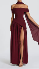 Ginevra cherry red bardot maxi dress showing thigh-high split