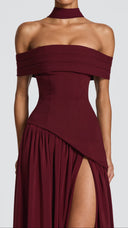 Ginevra cherry red bardot maxi dress with matching chiffon scarf