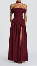 Ginevra cherry red bardot maxi dress, three-quarter view