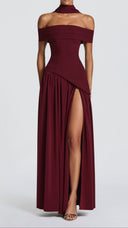 Ginevra cherry red bardot maxi dress, styled full-length look
