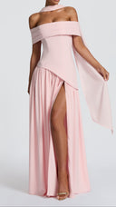 Ginevra blush bardot maxi dress with pleated neckline and thigh-high split