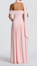 Ginevra blush bardot maxi dress, side view showing full chiffon skirt