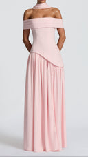Ginevra blush bardot maxi dress, close-up of pleated bardot neckline