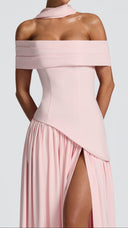 Ginevra blush bardot maxi dress, full-length front view