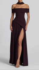 Ginevra plum bardot maxi dress with pleated neckline