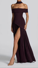 Ginevra plum bardot maxi dress, matching scarf detail