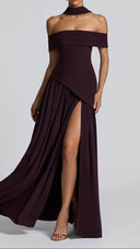 Ginevra plum bardot maxi dress, thigh-high split detail