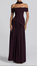 Ginevra plum bardot maxi dress, asymmetric curved hem on bodice