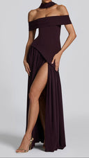 Ginevra plum bardot maxi dress, full gathered maxi skirt