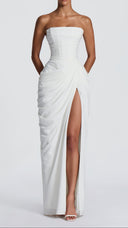 Giselle ivory strapless corset maxi dress, full-length front view