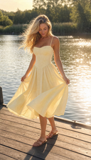 Romi - Yellow Square Neck Midi Dress with Pockets