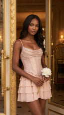 Saskia - Beige Gold Embellished Corset Mini Dress