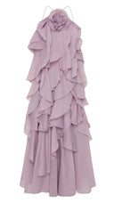 Isadora lilac layered ruffle maxi dress, front view showing halter ties