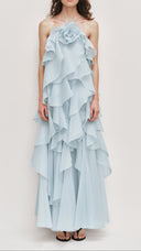 Isadora silver blue layered ruffle halter maxi dress with voluminous skirt