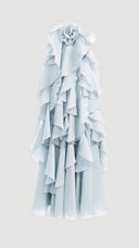 Isadora silver blue layered ruffle maxi dress, back view showing halter ties
