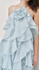 Isadora silver blue layered ruffle maxi dress, side view showing skirt volume