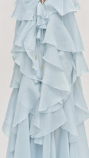 Isadora silver blue layered ruffle maxi dress, close-up of halter neckline