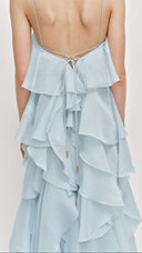 Isadora silver blue layered ruffle maxi dress, full-length front view