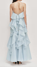 Isadora silver blue layered ruffle maxi dress showing tiered ruffle detail